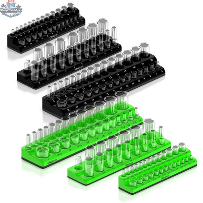 Olsa Tools Canada 2-Row Magnetic Socket Holders for 1/2 inch Drive Click Torque Wrench, black with green accents, organized sockets.