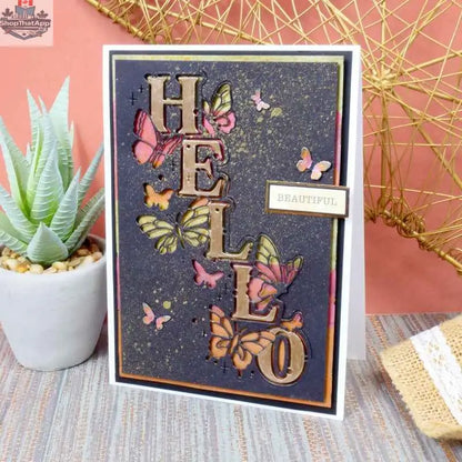 Moonstone Edge Dies by Ecstasy Crafts for card making, featuring a "Hello" sentiment with decorative edge design for die cutting projects.