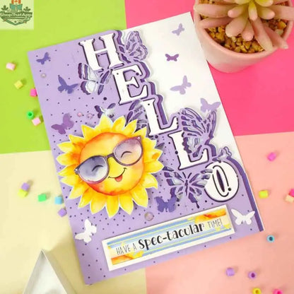 Ecstasy Crafts Moonstone Edge Dies for card making, featuring intricate "Hello" edge design for die cutting projects.