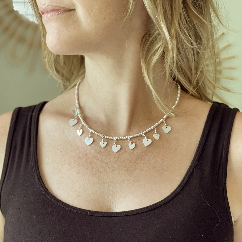 Silver Plate Charm Necklace with Drop Hearts - Elegant Short Design - Shopthatapp.ca