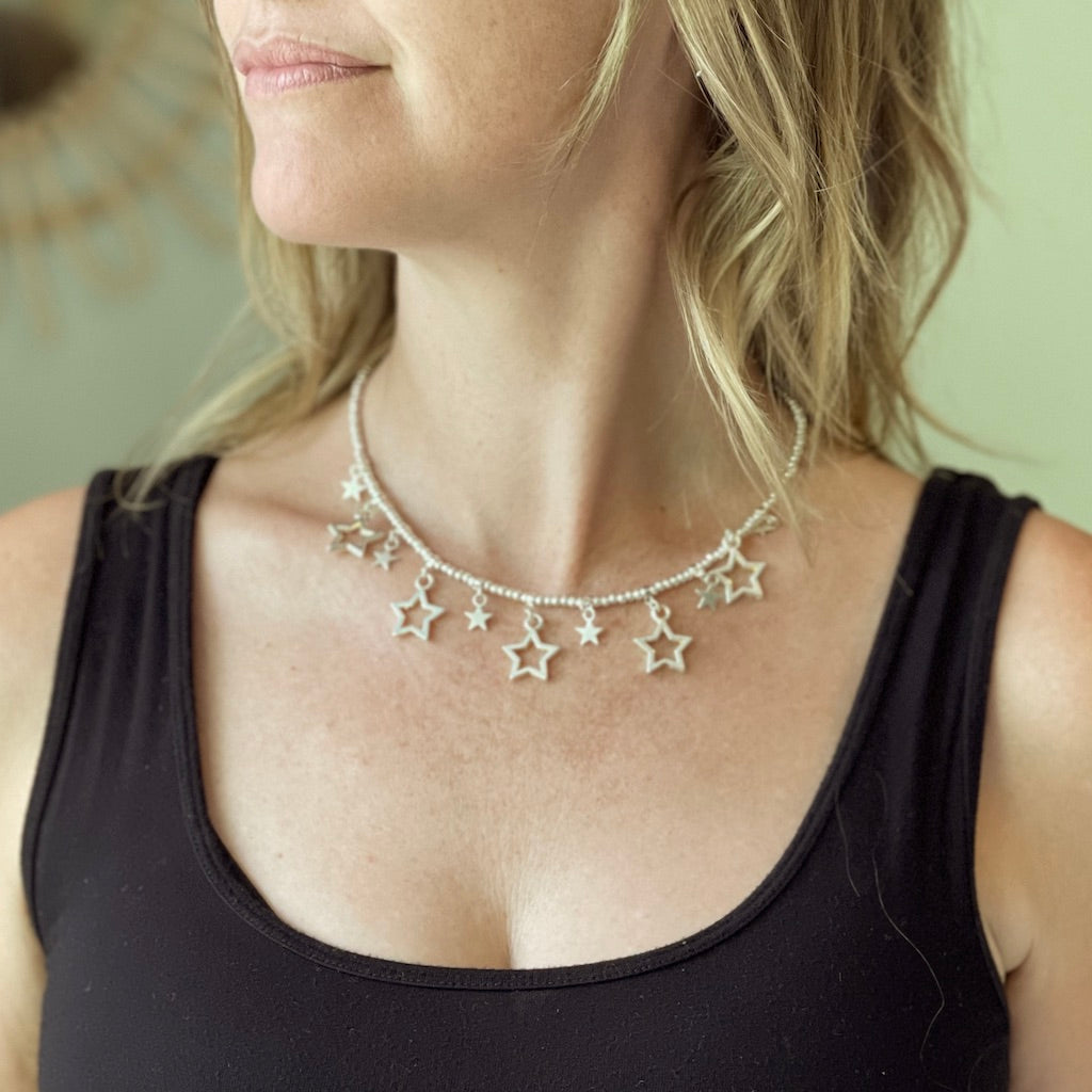 Silver Charm Necklace with Stars - Short Plate Design - Shopthatapp.ca