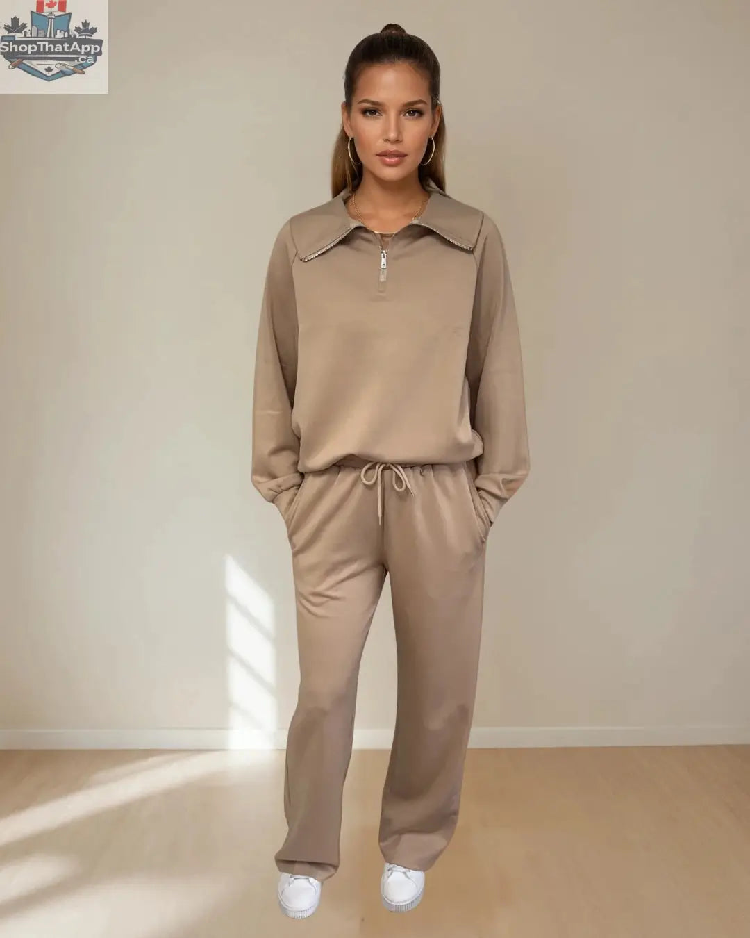Maeve Luxeflow Relaxed Zip Top in Mocha Mousse - Comfortable 3/4 Sleeve Style - Shopthatapp.ca