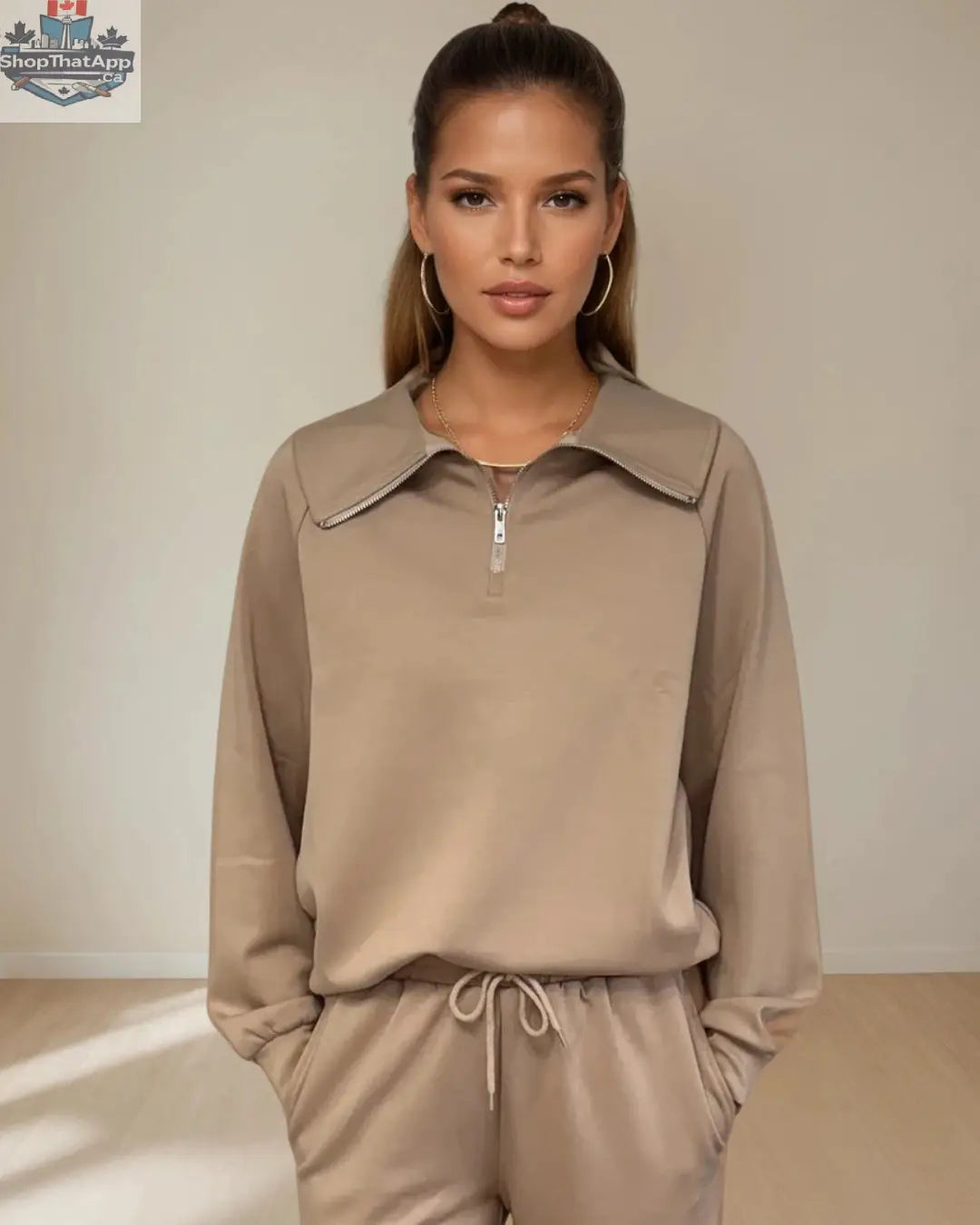 Maeve Luxeflow Relaxed Zip Top in Mocha Mousse - Comfortable 3/4 Sleeve Style - Shopthatapp.ca
