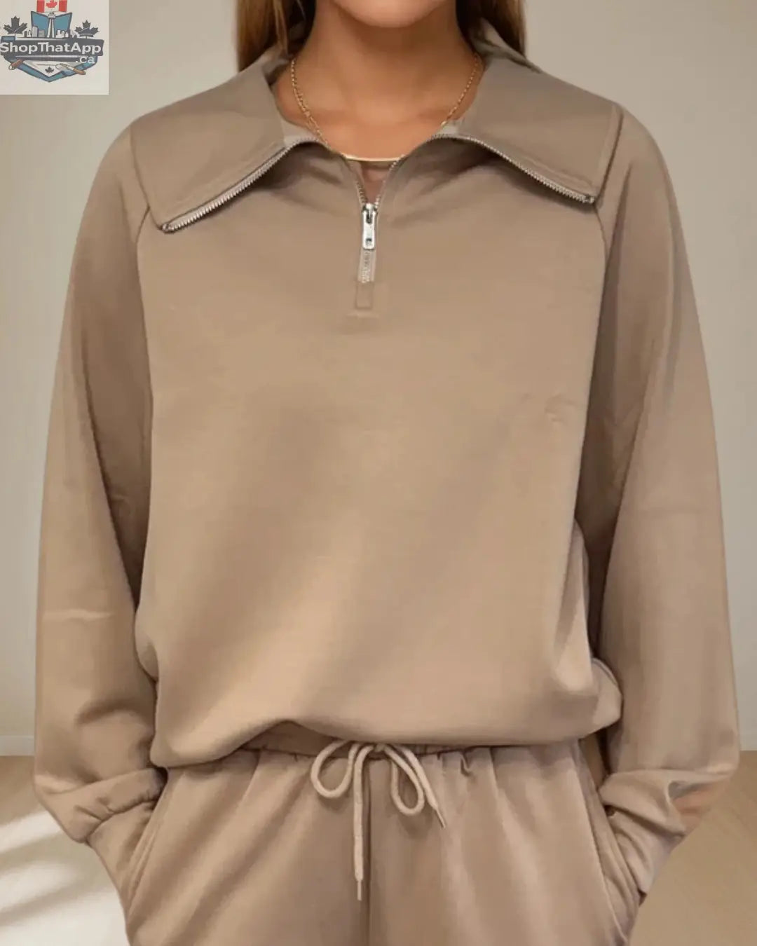 Maeve Luxeflow Relaxed Zip Top in Mocha Mousse - Comfortable 3/4 Sleeve Style - Shopthatapp.ca