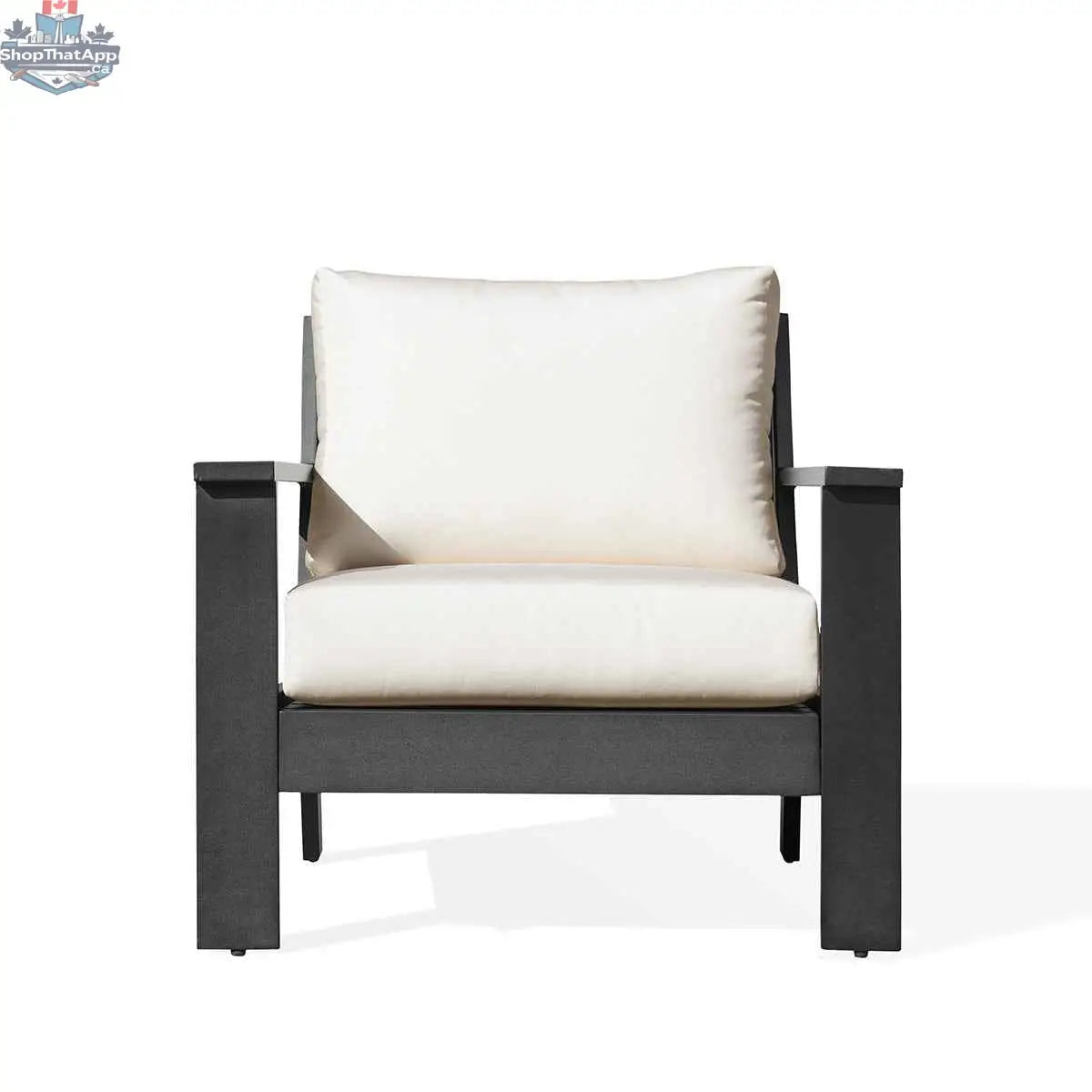Magnolia black aluminum club chair by Krikacy with Sunbrella® cushions and bird's eye pattern fabric, showing front view.