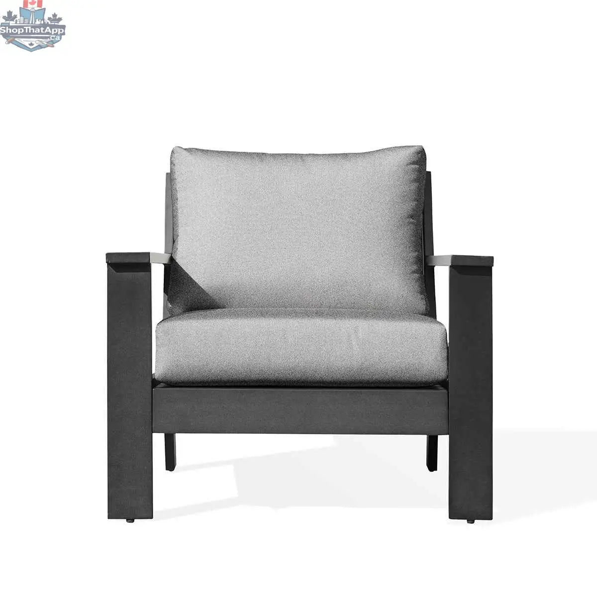 Magnolia black aluminum club chair by Krikacy with Sunbrella® granite canvas cushions, stylish outdoor sofa for patio seating.