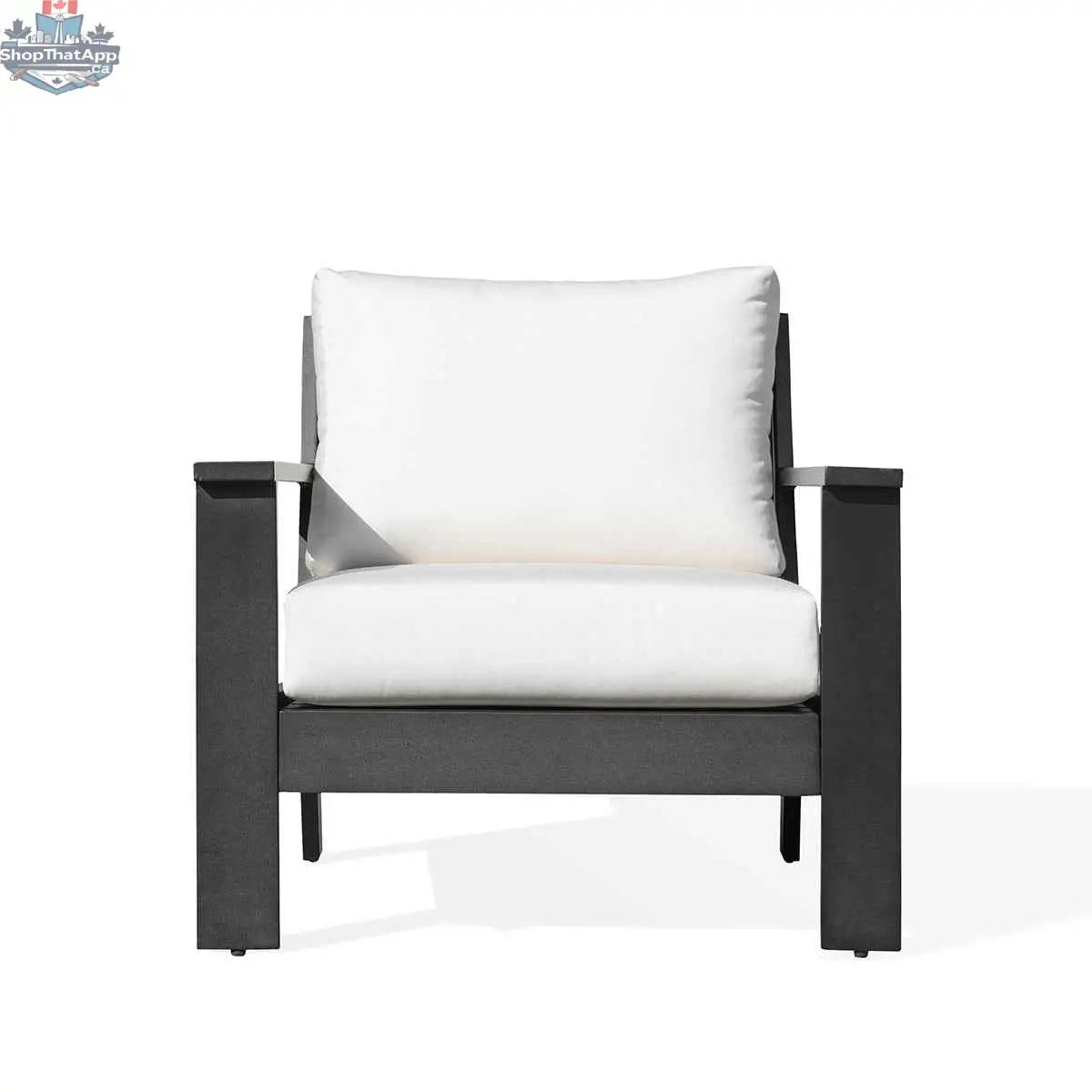 Magnolia black aluminum club chair by Krikacy with Sunbrella® white canvas cushions, stylish outdoor sofa with modern design.
