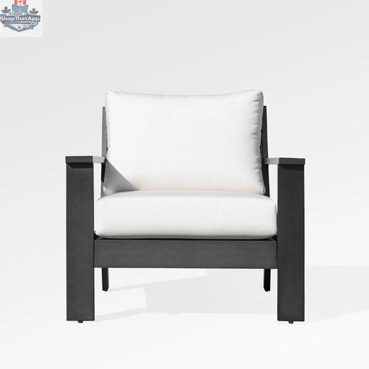 Enclover Magnolia black aluminum club chair with Sunbrella® white canvas cushions, modern outdoor seating with sleek design.