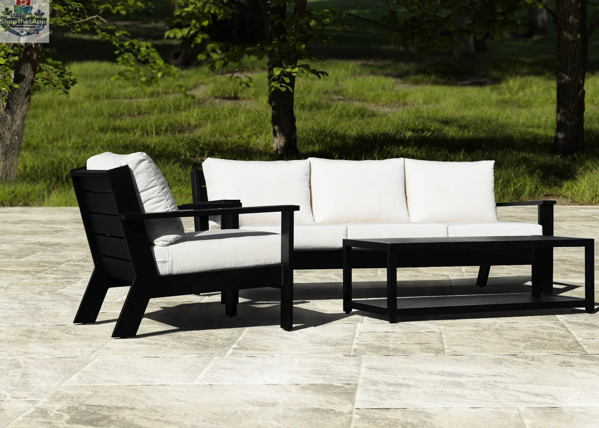 Magnolia black aluminum sofa set by Enclover with Sunbrella® cushions, featuring modern design and plush seating.