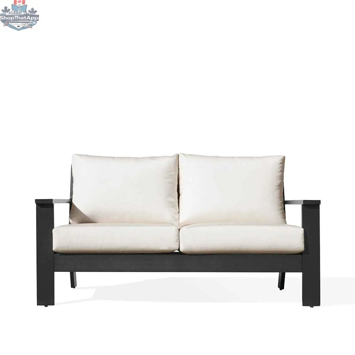 Magnolia black aluminum loveseat by Krikacy with Sunbrella® cushions, showcasing a front view with canvas bird's eye pattern.