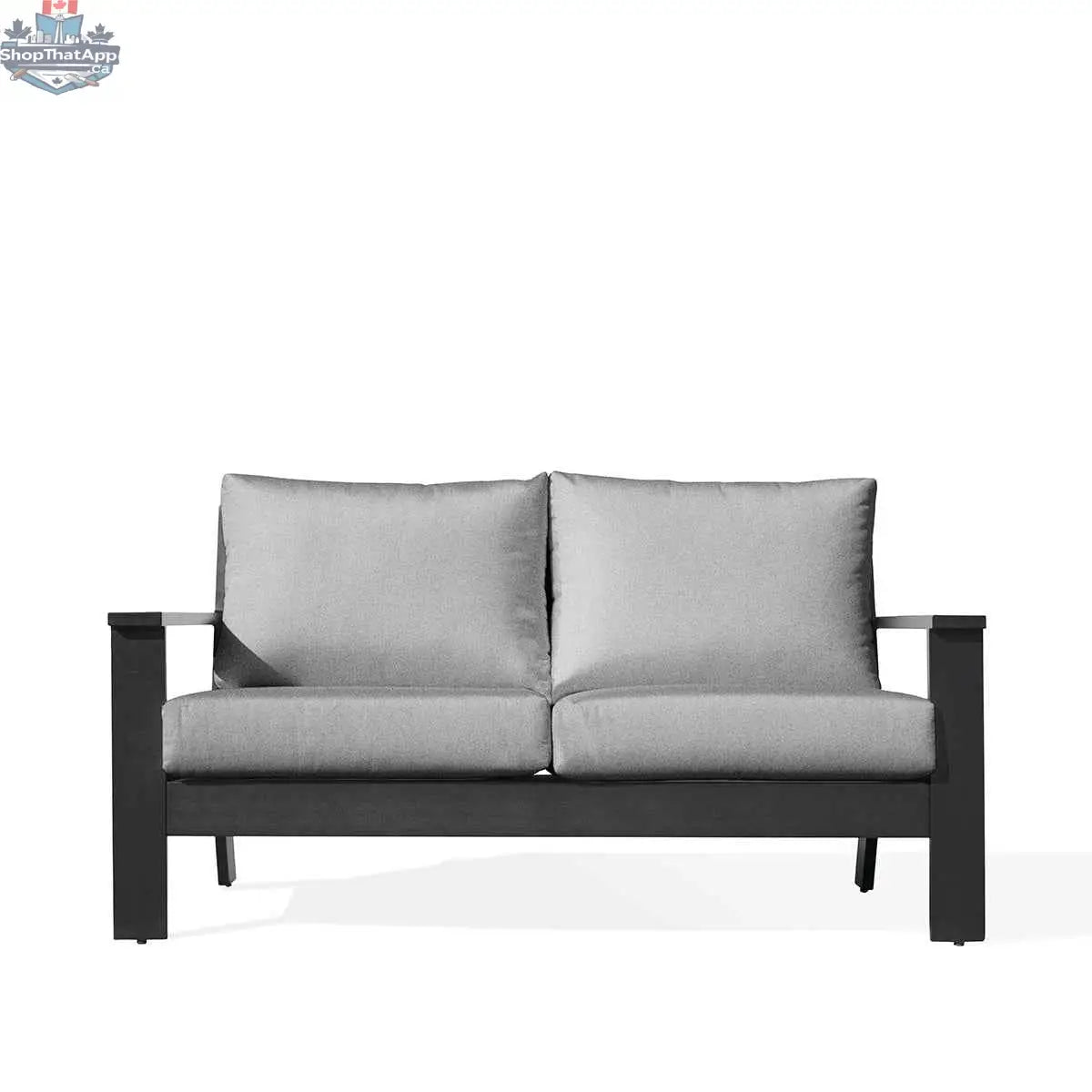 Magnolia black aluminum loveseat by Krikacy with Sunbrella® cushions in granite fabric, showing the front view of the sofa.