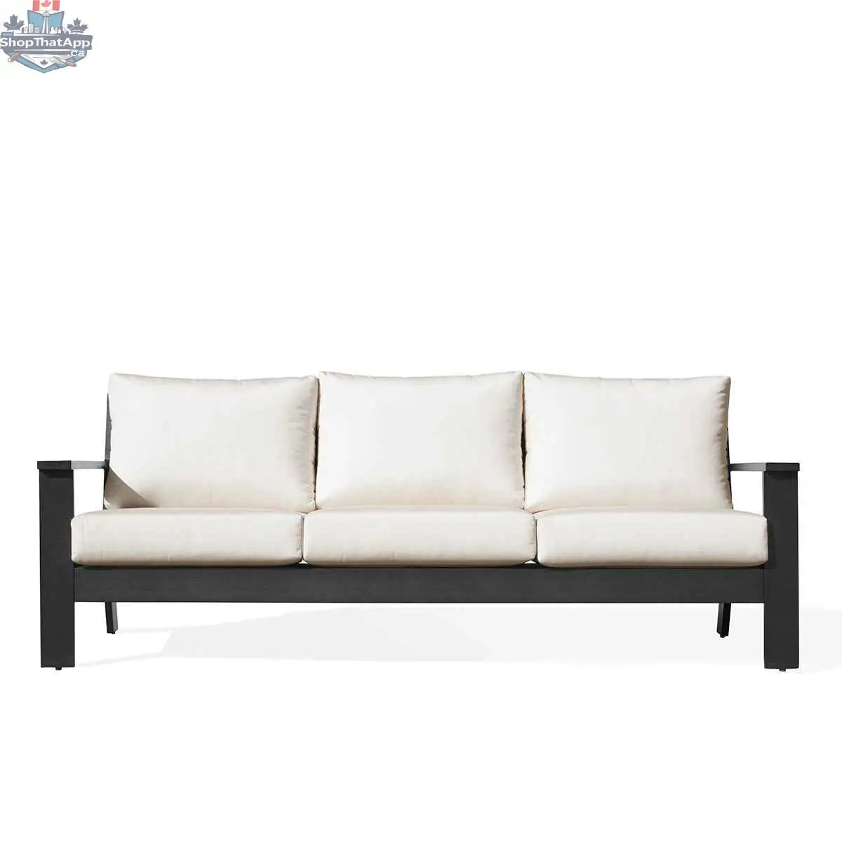 Krikacy Magnolia black aluminum sofa with Sunbrella® cushions, featuring a sleek design and bird pattern fabric in a front view.