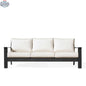 Krikacy Magnolia black aluminum sofa with Sunbrella® cushions, featuring a sleek design and bird pattern fabric in a front view.