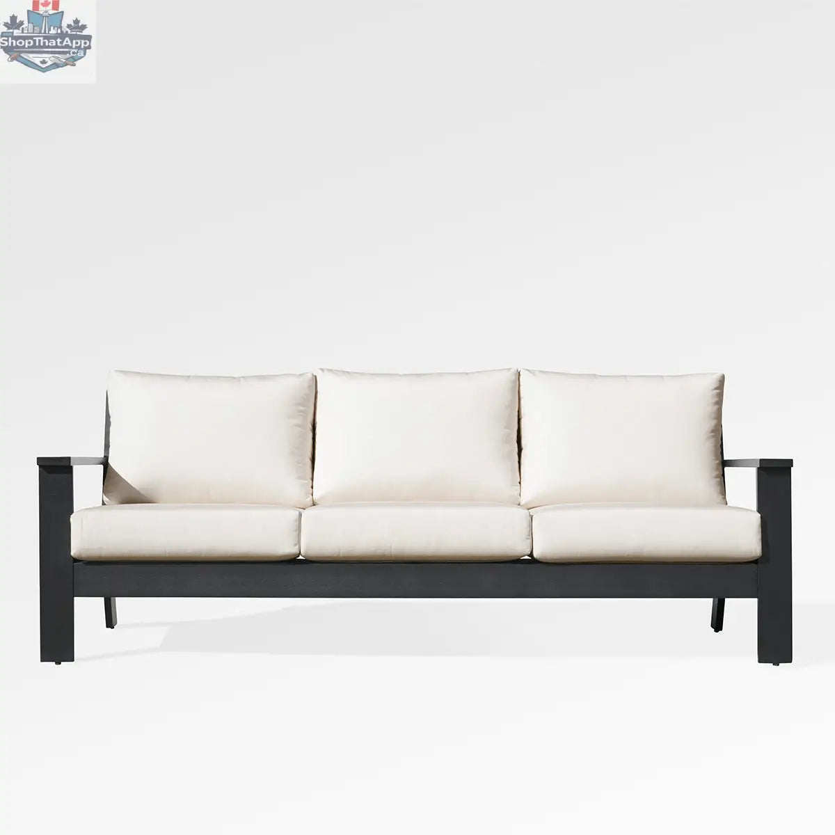Magnolia black aluminum sofa set by Enclover with Sunbrella® cushions, featuring a contemporary design and bird-patterned fabric.