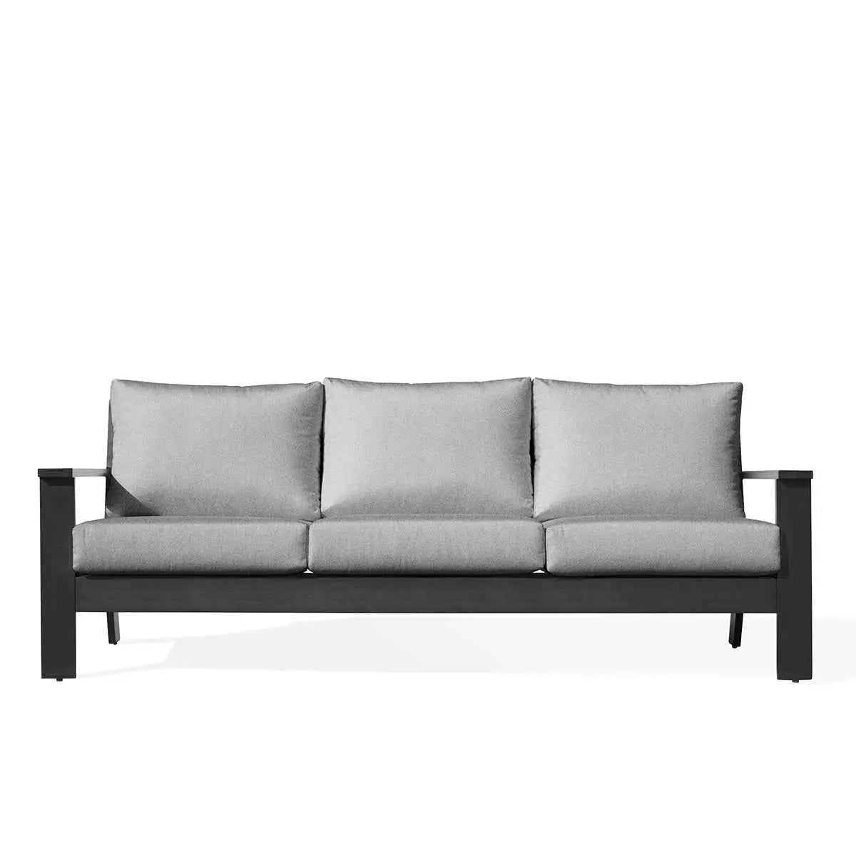 Krikacy Magnolia black aluminum sofa with Sunbrella® granite canvas cushions, modern outdoor seating with sleek design.