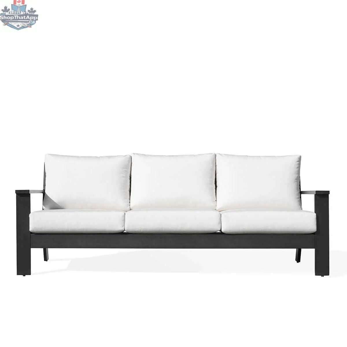 Magnolia black aluminum sofa by Krikacy with Sunbrella® white canvas cushions, modern outdoor seating with sleek design.