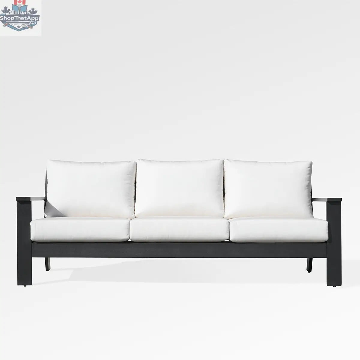 Magnolia black aluminum sofa set by Enclover with white Sunbrella® cushions, featuring sleek modern design and comfortable seating.