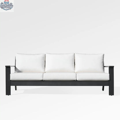 Magnolia black aluminum sofa set by Enclover with white Sunbrella® cushions, featuring sleek modern design and comfortable seating.