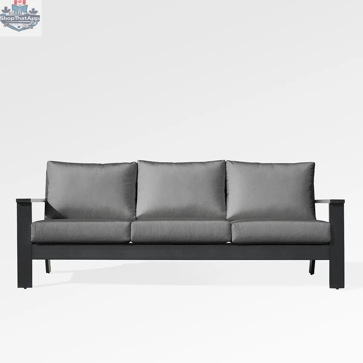 Enclover Magnolia black aluminum sofa set with Sunbrella® cushions, featuring sleek design and slate-colored cushions on a modern outdoor sofa