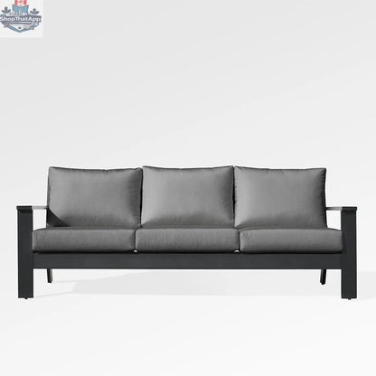 Enclover Magnolia black aluminum sofa set with Sunbrella® cushions, featuring sleek design and slate-colored cushions on a modern outdoor sofa