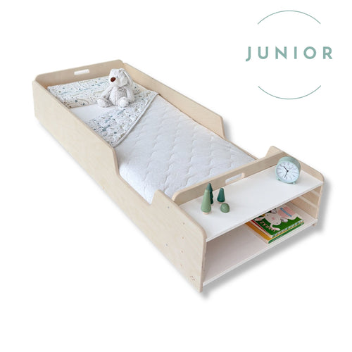 APPLE JUNIOR - Montessori Floor Bed with Rails & Shelves - Shopthatapp.ca