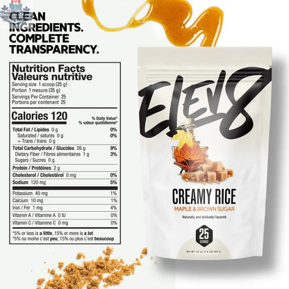 Cream of rice breakfast bowl with maple brown sugar flavor by Elev8, showcasing a creamy texture topped with sweet maple syrup and brown sugar.