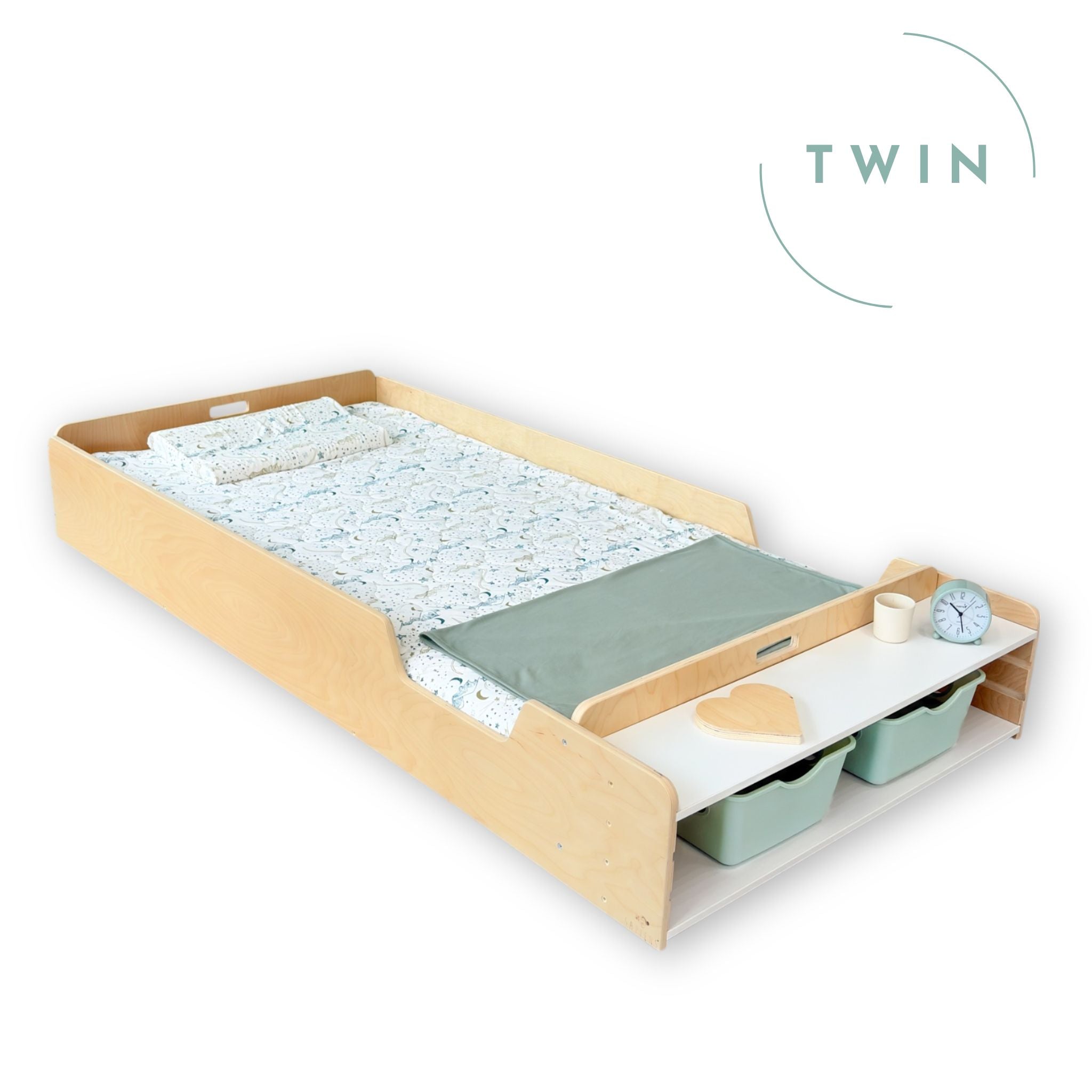 APPLE TWIN - Montessori Floor Bed with Rails & Shelves - Shopthatapp.ca