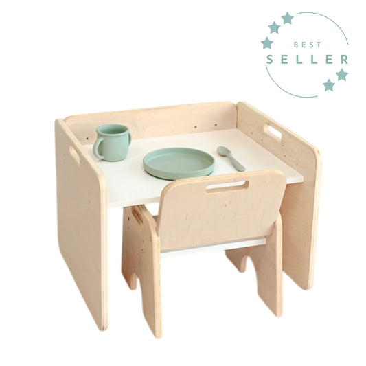 Maple plywood Sapiens Child Montessori toddler table and chair set with adjustable height for weaning and early learning activities.