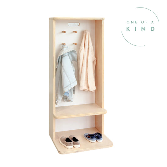 Maple plywood Montessori coat rack with cubby storage for kids, designed by Sapiens Child for toddler organization and style.