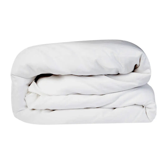 White refined sateen duvet cover by Skylark+Owl Canada, showcasing smooth, elegant fabric for a luxurious bedroom style.
