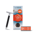 Merkur Travel Safety Razor Set - 20B 3-Piece DE Safety Razor with Closed Comb, Long Handle, in Bright Chrome/Black