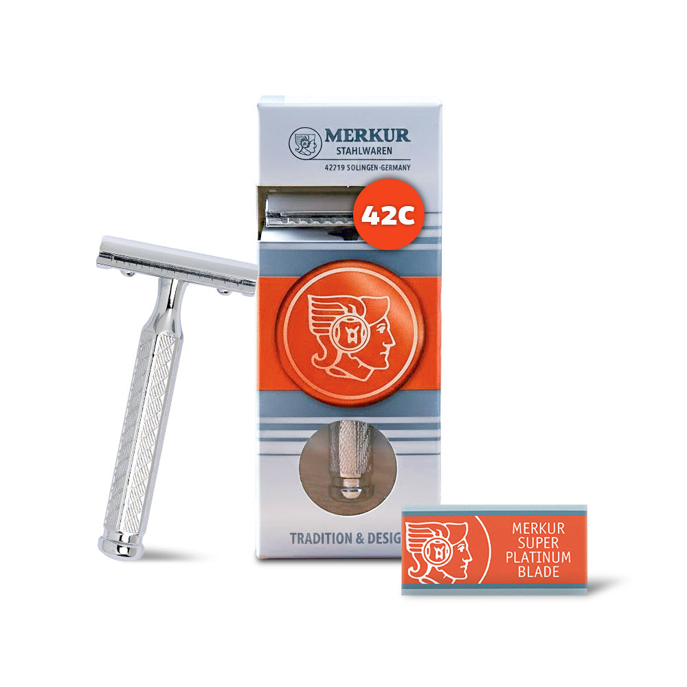 Merkur 42C Safety Razor - 3-Piece DE Closed Comb with Classic 1906 Etched Chrome Handle