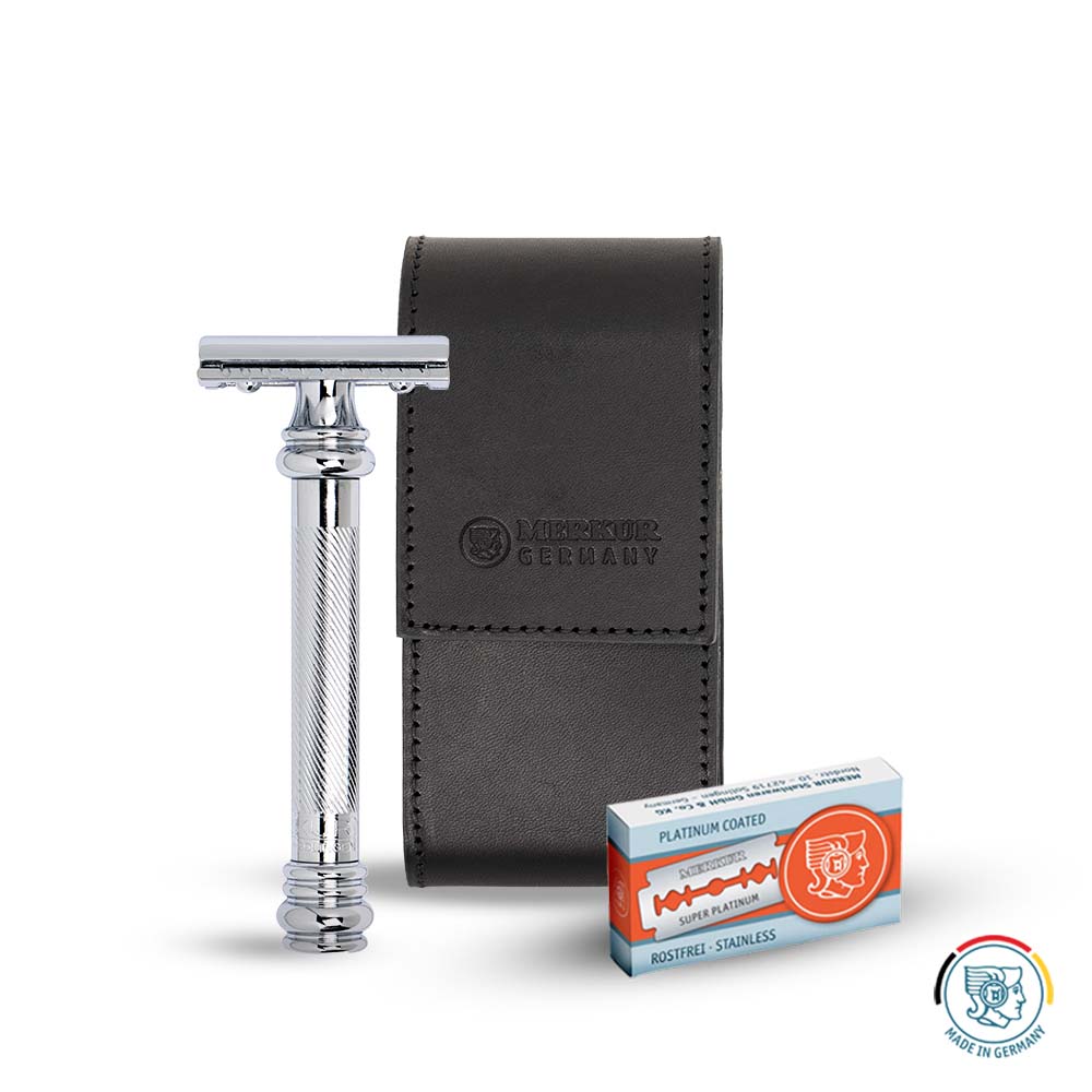 Merkur Leather Case with Blades - Includes 38001 and 10 Blades, Black