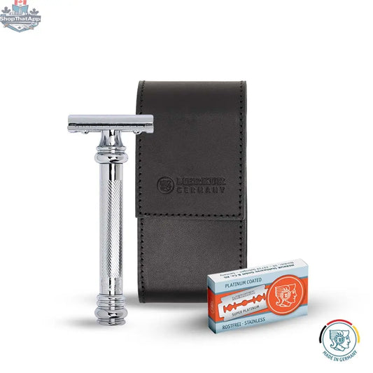 Merkur Leather Case with Blades - Includes 38001 and 10 Blades, Black - Shopthatapp.ca