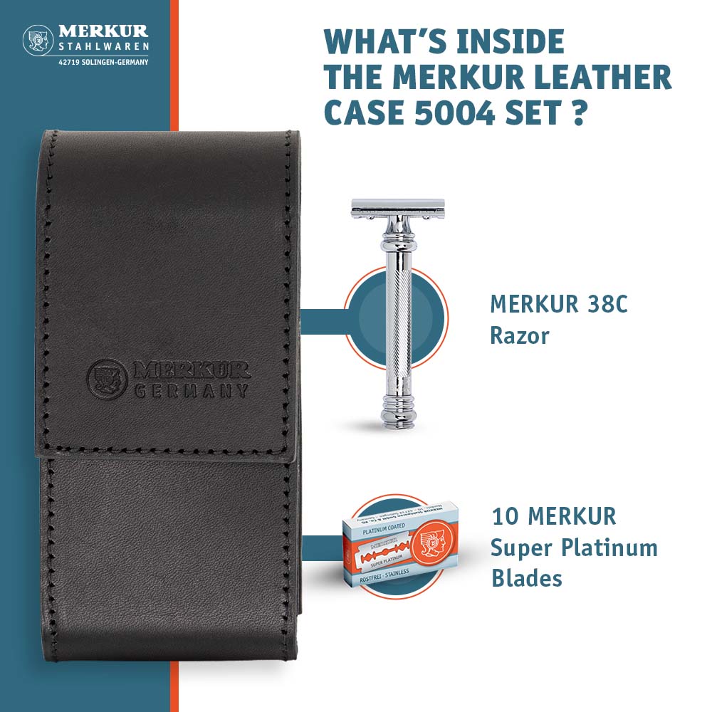 Merkur Leather Case with Blades - Includes 38001 and 10 Blades, Black