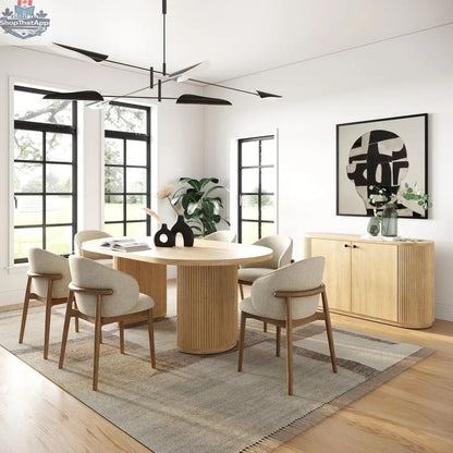Modern beige linen dining chair by Hygge Design House, featuring sleek design and sturdy wooden legs for stylish dining room decor.