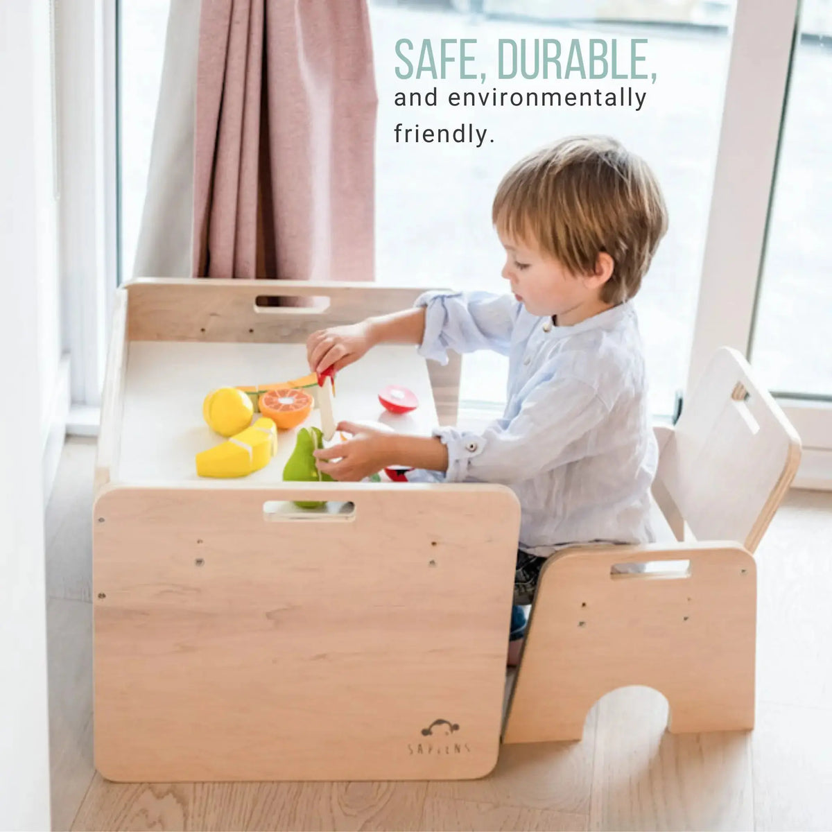 Sapiens Child Papaya Set toddler Montessori table and chair for weaning, adjustable height, eco-friendly, safe, durable furniture for toddlers.
