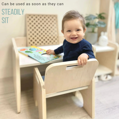 Sapiens Child papaya set Montessori toddler furniture with adjustable height weaning table and chair for young children.