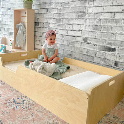 Sapiens Child Apple Twin Montessori floor bed with rails, toddler-friendly furniture for safe, comfortable sleep.