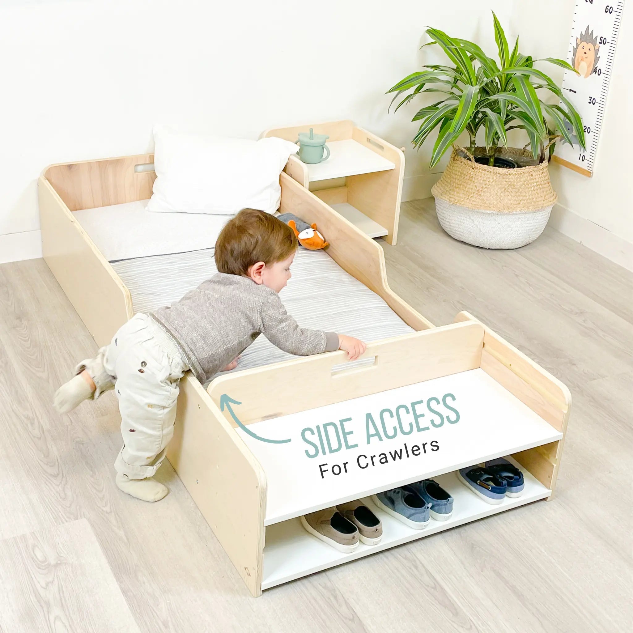 APPLE TWIN - Montessori Floor Bed with Rails & Shelves - Shopthatapp.ca