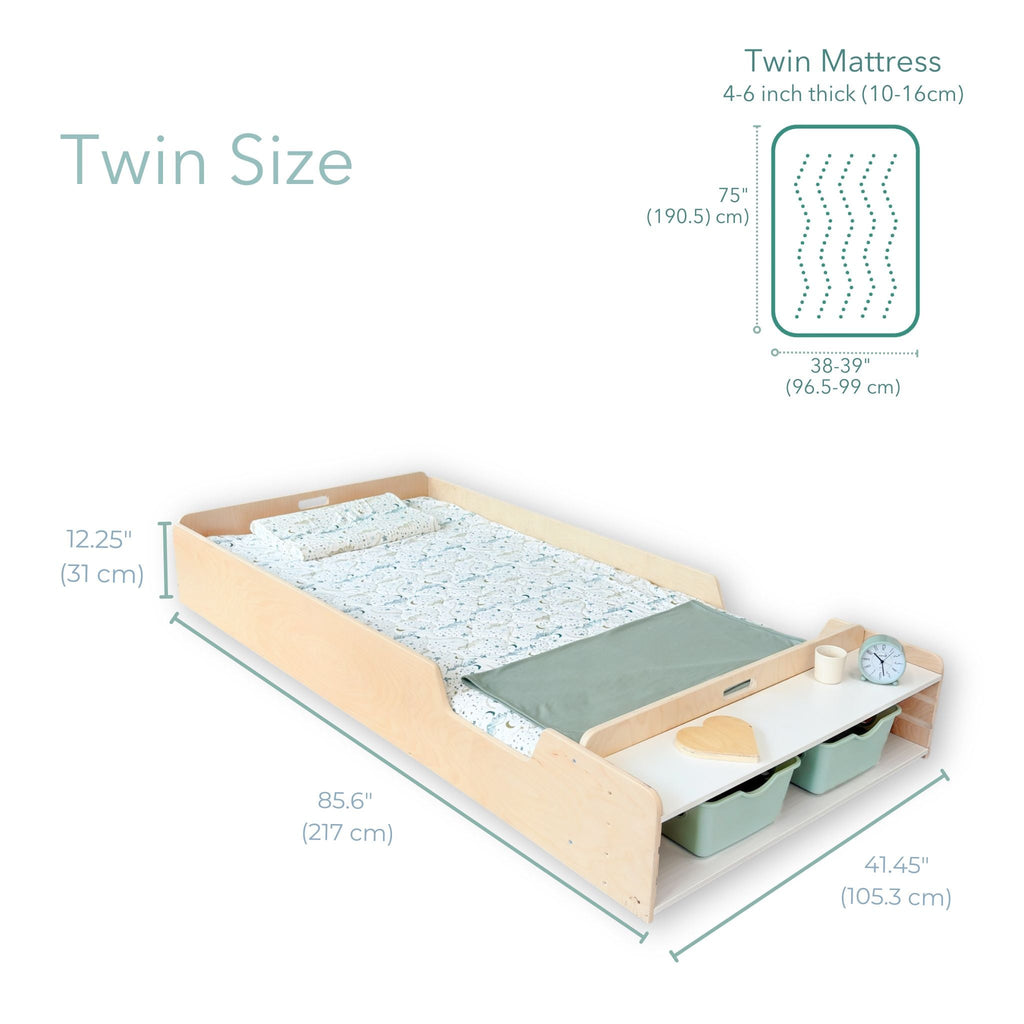 APPLE TWIN - Montessori Floor Bed with Rails & Shelves - Shopthatapp.ca