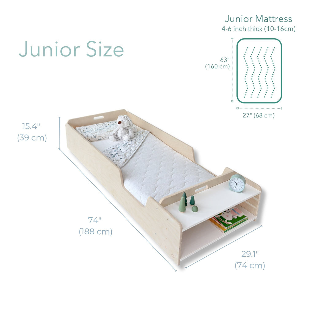APPLE JUNIOR - Montessori Floor Bed with Rails & Shelves - Shopthatapp.ca