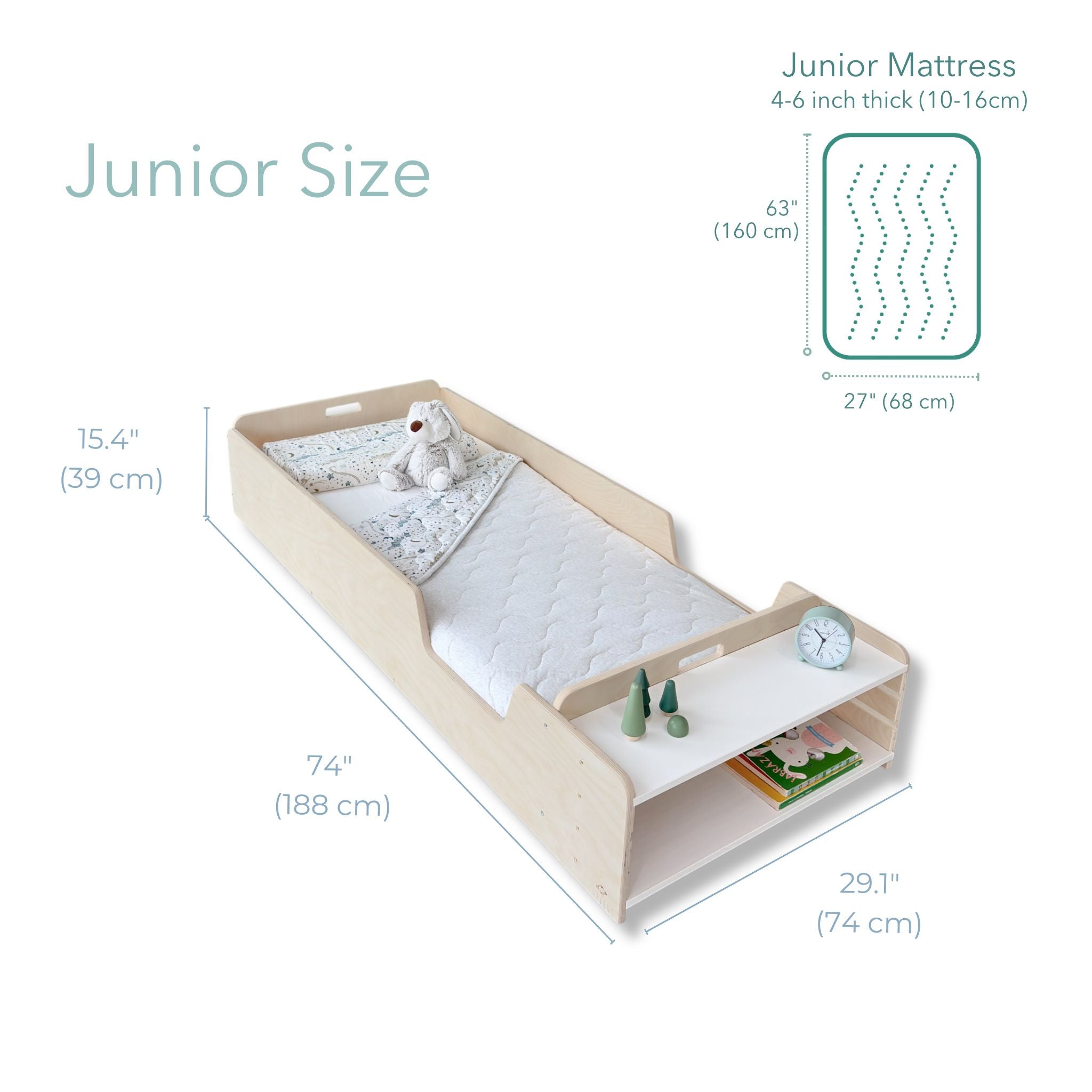 APPLE JUNIOR - Montessori Floor Bed with Rails & Shelves - Shopthatapp.ca