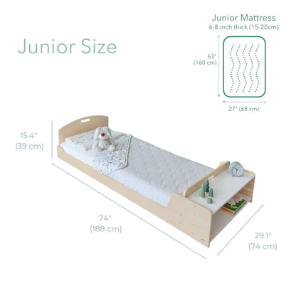 Sapiens Child Cherry Junior Montessori floor bed for kids with built-in shelves, safe and stylish furniture for children's bedroom.