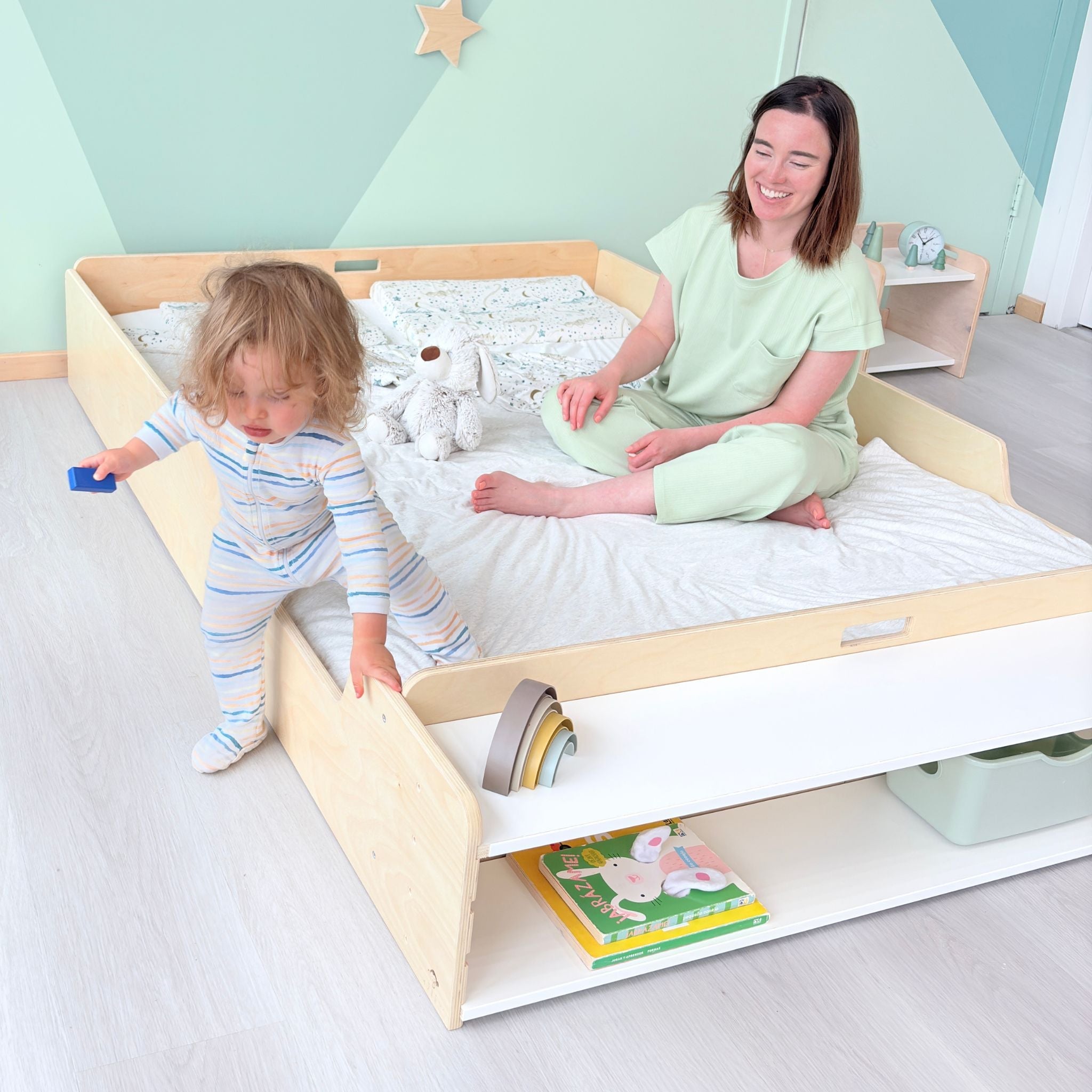 APPLE FULL Montessori Floor Bed with Shelves - Child-Friendly Design by - Shopthatapp.ca