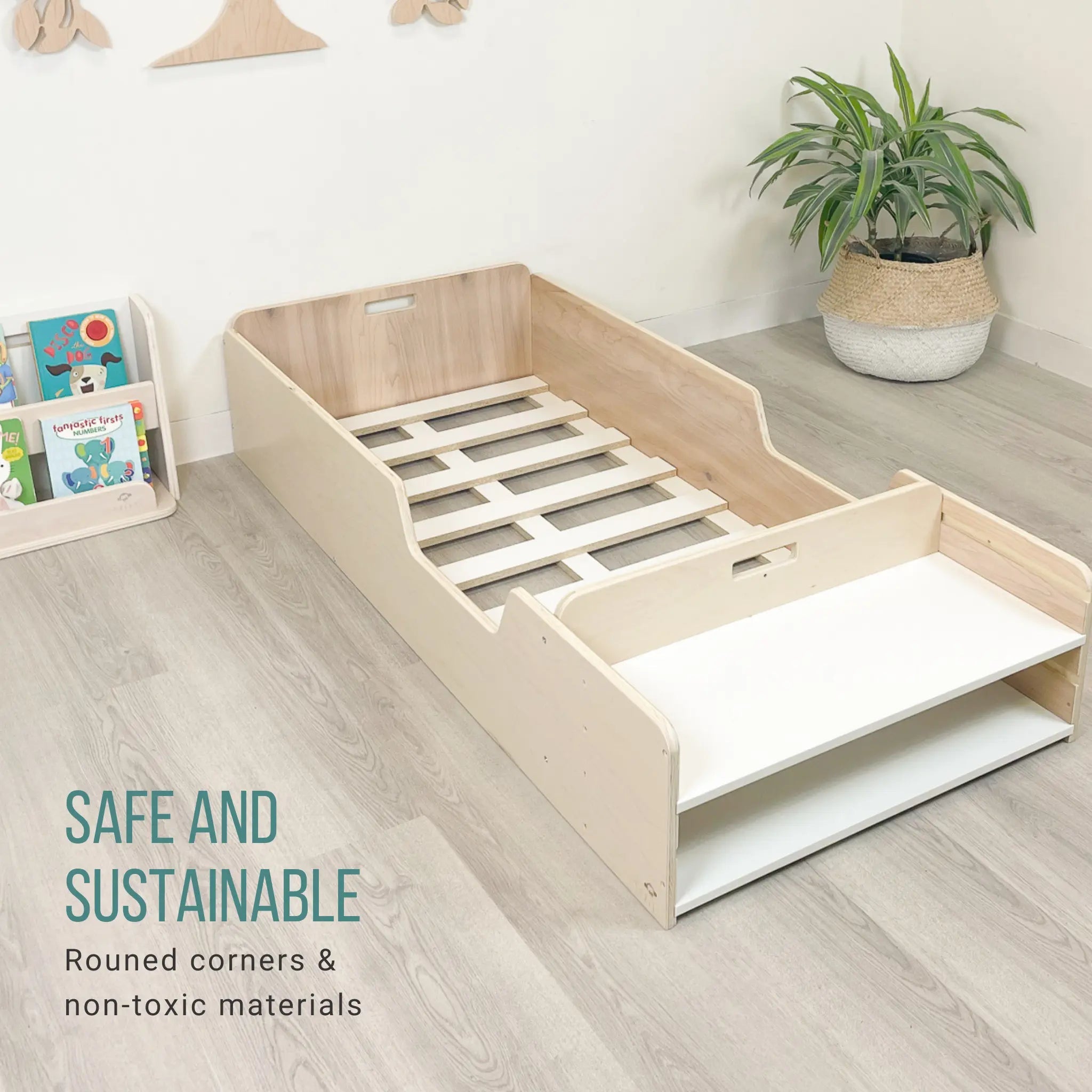 APPLE JUNIOR - Montessori Floor Bed with Rails & Shelves - Shopthatapp.ca