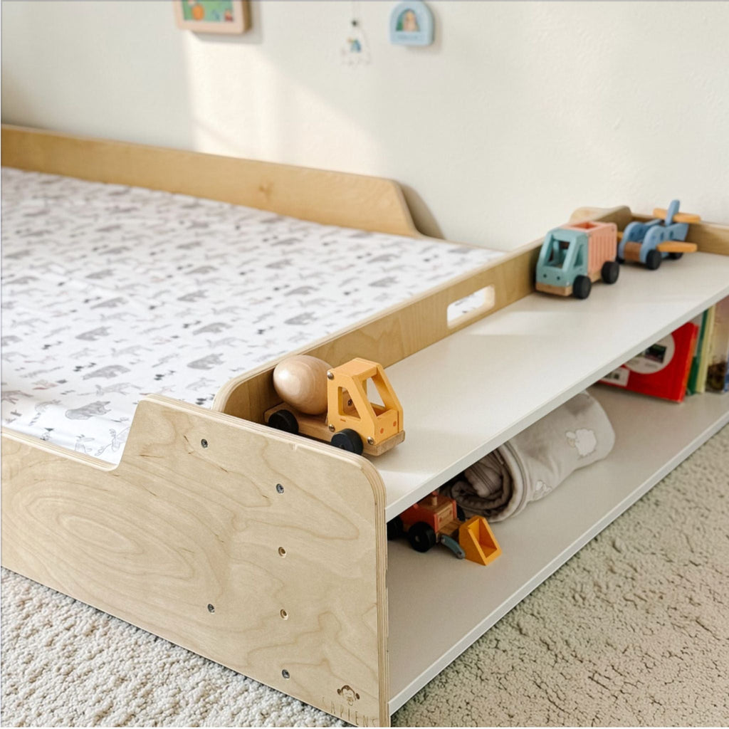 APPLE TWIN - Montessori Floor Bed with Rails & Shelves - Shopthatapp.ca