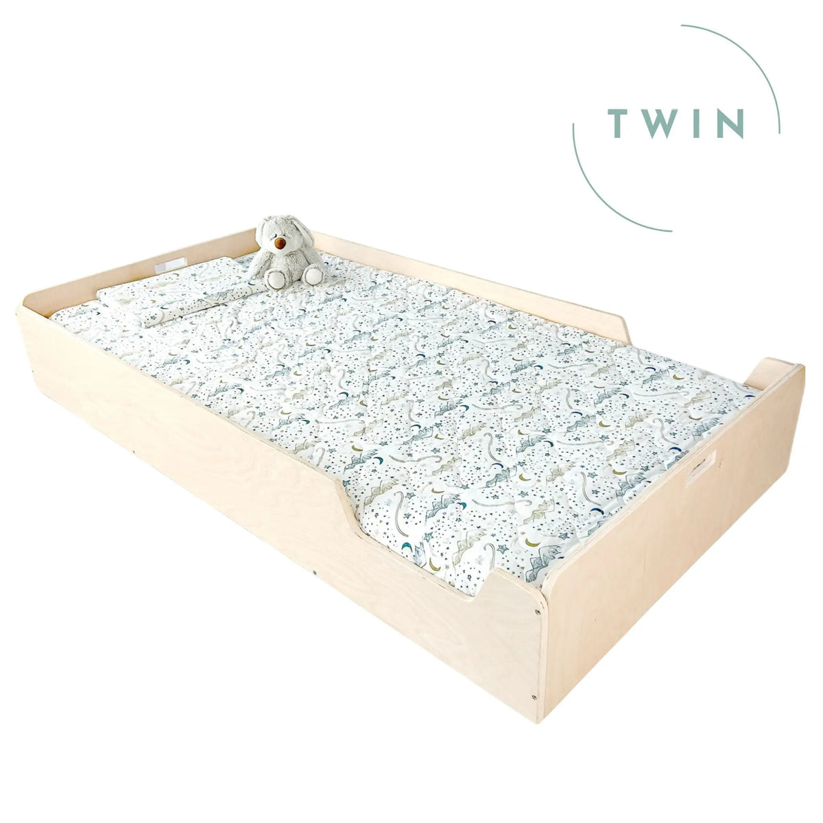 Sapiens Child Apple Twin Montessori Floor Bed with Rails in maple finish, designed for toddlers' safe, cozy sleep space.
