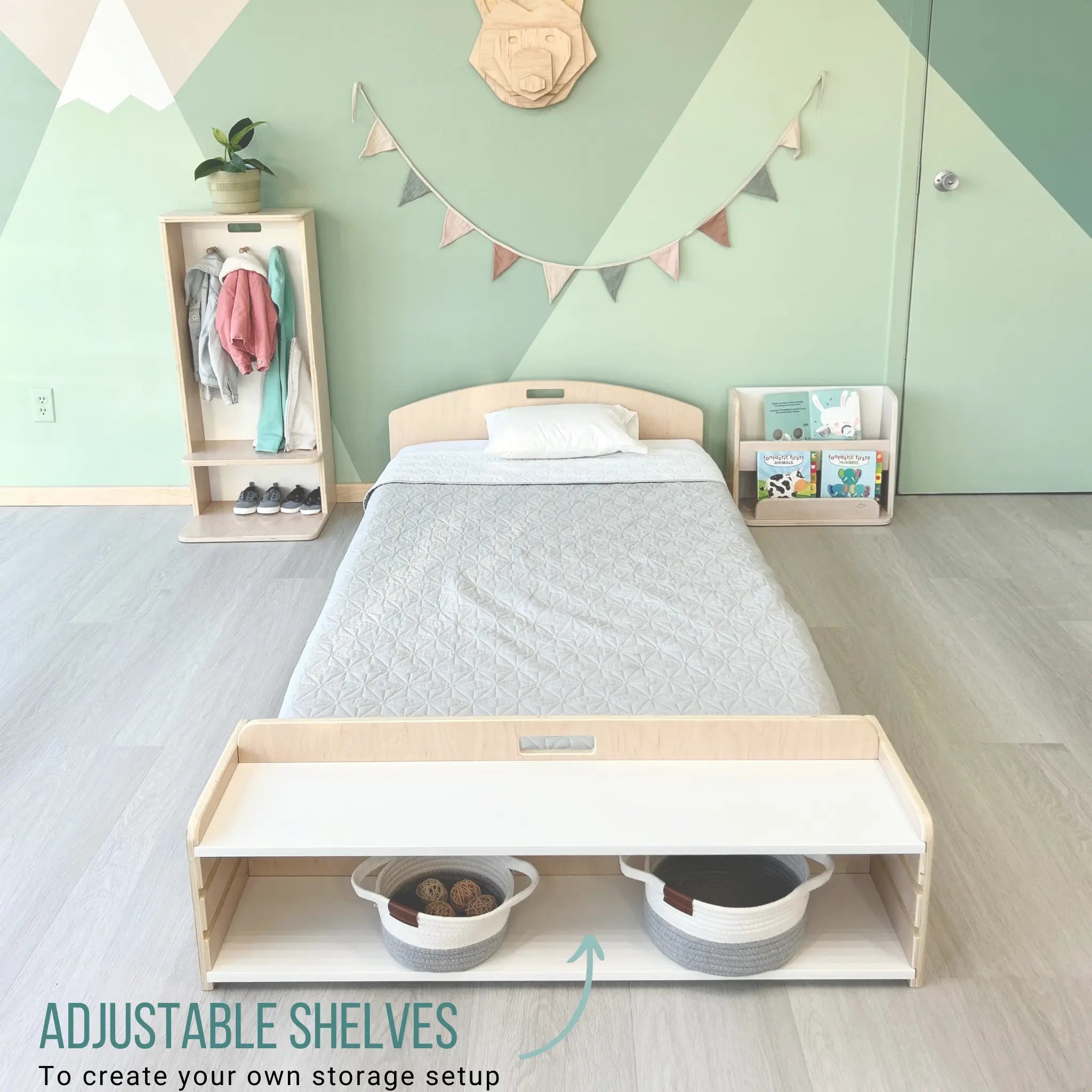 CHERRY TWIN Montessori Floor Bed with Shelves for Growing Kids - Shopthatapp.ca