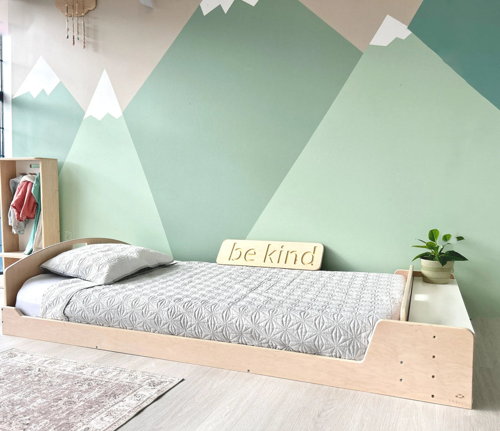 CHERRY TWIN Montessori Floor Bed with Shelves for Growing Kids - Shopthatapp.ca